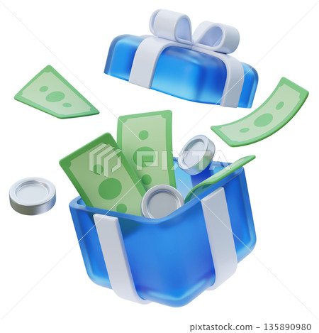 3D pop out gift box with banknotes and coins cartoon style 135890980
