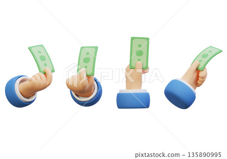 3D rendering of a hand holding a single banknote in cartoon clay style 135890995