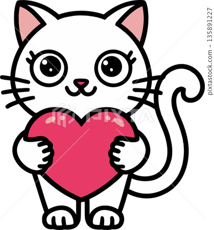 Cute White Cat Holding Pink Heart Cartoon Cute White Cat Holding Pink Heart Cartoon 135891227