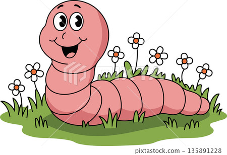 Smiling Earthworm on Flowered Grass Patch Smiling Earthworm on Flowered Grass Patch 135891228