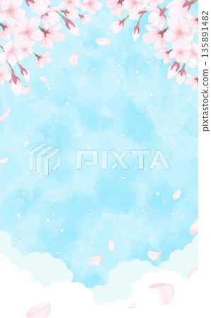 Hand-painted cherry blossoms and blue sky background_vertical 135891482