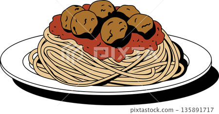 Spaghetti and Meatballs on White Plate Illustration Spaghetti and Meatballs on White Plate Illustration 135891717