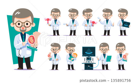 Cute chibi male obstetrician and gynecologist cartoon character set. Flat vector illustration with medical tools, ultrasound, uterus models, and holding a baby. Perfect for maternity healthcare. Cute chibi male obstetrician and gynecologist cartoon character set. Flat vector illustration with medical tools, ultrasound, uterus models, and holding a baby. Perfect for maternity healthcare. 135891756