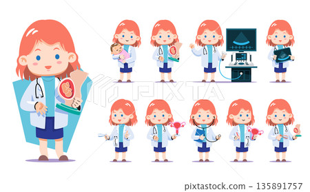 Cute chibi female obstetrician and gynecologist cartoon character set. Flat vector illustration with medical tools, ultrasound, uterus models, and holding a baby. Perfect for maternity healthcare. 135891757