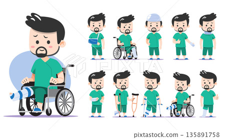 Cute chibi male patient character set with various bone fractures. Flat vector illustration featuring wheelchair, crutches, arm sling, and leg cast. Ideal for medical and insurance content. Cute chibi male patient character set with various bone fractures. Flat vector illustration featuring wheelchair, crutches, arm sling, and leg cast. Ideal for medical and insurance content. 135891758