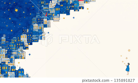 一個女孩在城市裡仰望夜空。 135891827