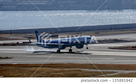 ANA plane landing at Haneda Airport and tire smoke 135891842