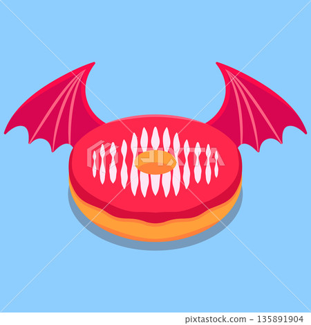 Devil Donut with Bat Wings Flat Vector Illustration 135891904