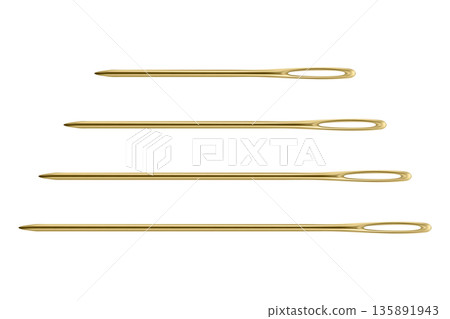 Vector 3d Realistic Yellow Sewing Needles Set in Four Sizes. Large Eye Hand Stitching and Darning Needles Isolated. Tailoring Embroidery Needle Kit for Craft and Repair 135891943