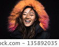 AI-generated photo: Close-up of a young Japanese woman wearing a hoodie against a black background 135892035