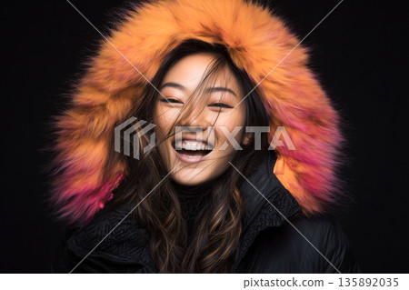 人工智慧生成的照片:一位身穿連帽衫的年輕日本女性的特寫,背景為黑色。 人工智慧生成的照片:一位身穿連帽衫的年輕日本女性的特寫,背景為黑色。 135892035