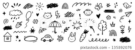 Kid icon line cute element set. Kid icon sketch with line outline and hand drawn art on paper cloud, flower, house background. Childish children cartoon play rainbow, heart, sun. Vector 135892076