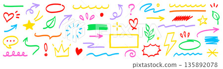 Marker line hand drawn arrow, highlight scribble set. Sketch color hand drawn marker line arrowbrush element shape graphic. Doodle scribble paint underline, circle frame icons. Vector 135892078