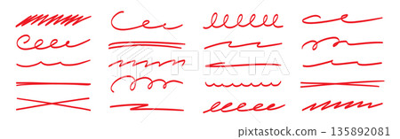 Red brush stroke underline collection. Marker pen highlight stroke pack. Vector swoosh brush underline set for accent, marker emphasis element. Vector 135892081