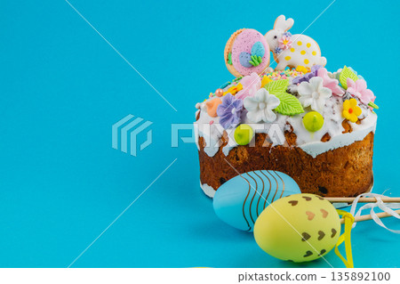 Decorated cake with colorful eggs for Easter celebration in spring 135892100