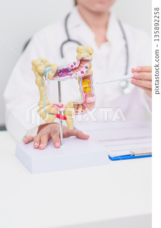 Elderly woman Patient consultation with doctor for Colon disease, Large Intestine, Colorectal cancer, Ulcerative colitis, Diverticulitis, Irritable bowel syndrome, Digestive system and Healthcare 135892258