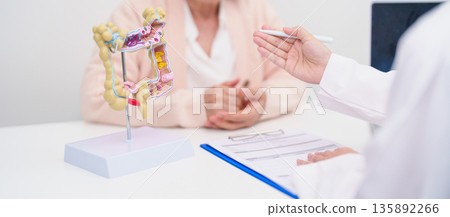 Elderly woman Patient consultation with doctor for Colon disease, Large Intestine, Colorectal cancer, Ulcerative colitis, Diverticulitis, Irritable bowel syndrome, Digestive system and Healthcare Elderly woman Patient consultation with doctor for Colon disease, Large Intestine, Colorectal cancer, Ulcerative colitis, Diverticulitis, Irritable bowel syndrome, Digestive system and Healthcare 135892266