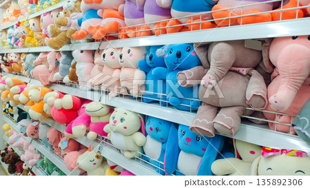 Various Animal Plushies and Dolls Displayed in Retail Shop Various Animal Plushies and Dolls Displayed in Retail Shop 135892306