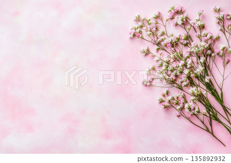 Delicate pink flowers arranged on soft background for elegant decoration 135892932