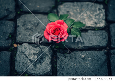 Rose blooms amidst cobblestones in a serene urban setting 135892933
