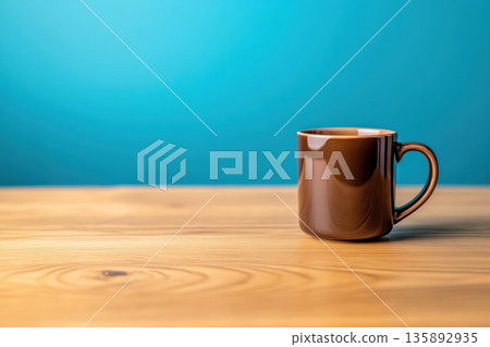 Brown ceramic coffee mug on wooden table against blue background 135892935