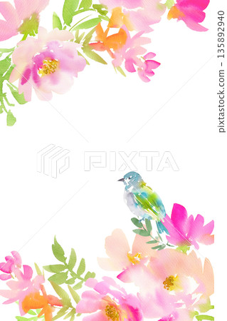 手繪水彩背景插圖，描繪了粉紅色花朵和小鳥。植物邊框。 135892940