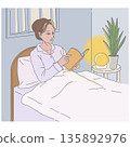 Illustration of a woman reading a book in bed with a warm light on Illustration of a woman reading a book in bed with a warm light on 135892976