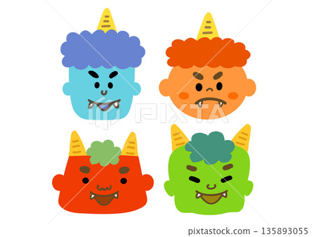 節分彩色惡魔臉扁平插畫集 節分彩色惡魔臉扁平插畫集 135893055