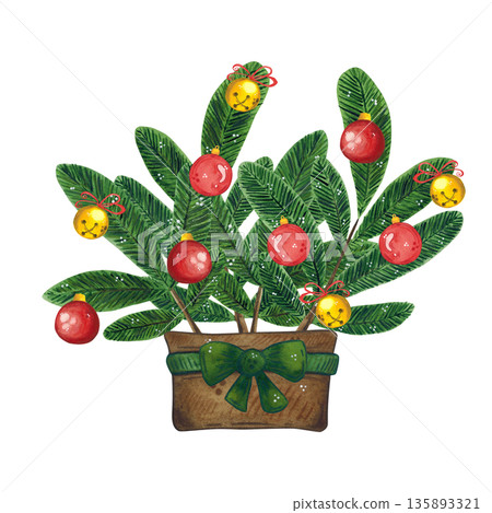 A vase with fir branches, bells, and red baubles. Hand-drawn watercolor illustration, cartoon. Design for stickers, posters, cards, scrapbooking. Christmas, holiday, decoration, plant 135893321
