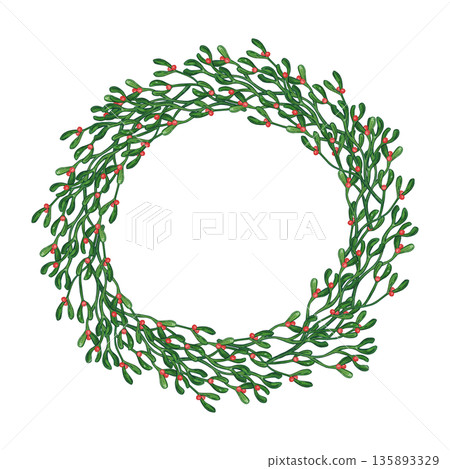 A green wreath of mistletoe branches. Hand-drawn watercolor illustration, cartoon. Design for stickers, posters, cards, scrapbooking. Christmas, holiday, decoration, plant A green wreath of mistletoe branches. Hand-drawn watercolor illustration, cartoon. Design for stickers, posters, cards, scrapbooking. Christmas, holiday, decoration, plant 135893329