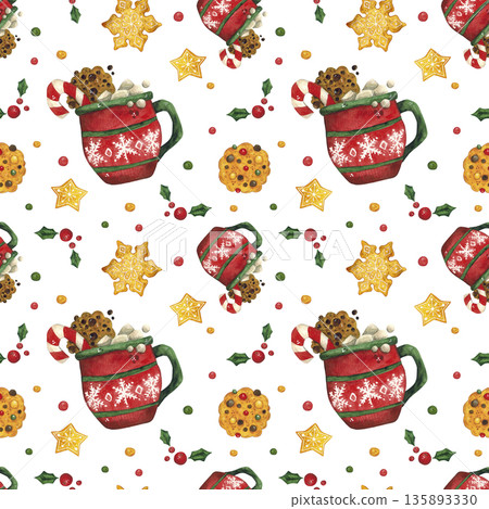Seamless pattern with cocoa mugs, marshmallows, cookies, and gingerbread. Hand-drawn watercolor illustration, cartoon. Design for poster, card, and scrapbooking. Christmas, holiday, decoration, plant Seamless pattern with cocoa mugs, marshmallows, cookies, and gingerbread. Hand-drawn watercolor illustration, cartoon. Design for poster, card, and scrapbooking. Christmas, holiday, decoration, plant 135893330