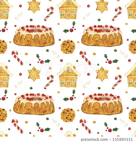 Seamless pattern Christmas cupcake, candy cane, gingerbread house. Hand-drawn watercolor illustration, cartoon. Drawing for poster, card, and scrapbooking. Christmas, holiday, decoration, plant Seamless pattern Christmas cupcake, candy cane, gingerbread house. Hand-drawn watercolor illustration, cartoon. Drawing for poster, card, and scrapbooking. Christmas, holiday, decoration, plant 135893331