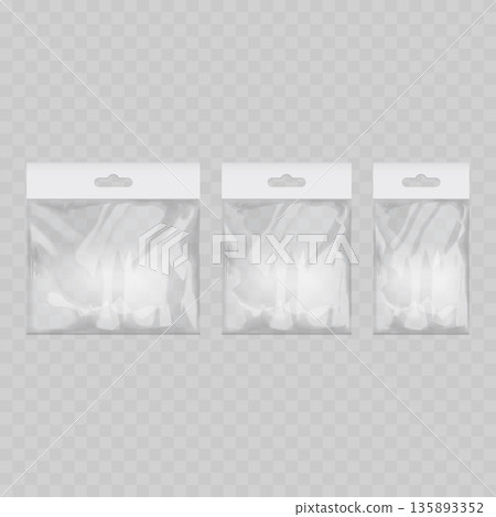 Realistic Transparent Plastic Bag Mockup Set with White Header. Vector Polybag Packaging Template with Hang Tab. Realistic Transparent Plastic Bag Mockup Set with White Header. Vector Polybag Packaging Template with Hang Tab. 135893352