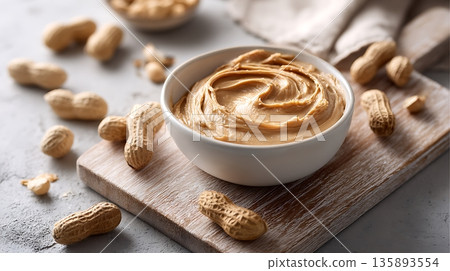 Creamy Peanut Butter in Bowl with Whole Peanuts on Wooden Board 135893554