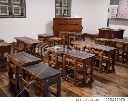Wooden classrooms at the former Kaichi School, a national treasure that retains the atmosphere of the Meiji era. January 2015, Matsumoto City, Japan Wooden classrooms at the former Kaichi School, a national treasure that retains the atmosphere of the Meiji era. January 2015, Matsumoto City, Japan 135893970