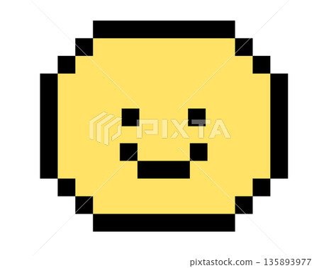 Pixel art of happy yellow face for decoration, mood, feelings, emotion, expression, emoji, human, head shapes, people, icon, tattoo, back to school, print, cartoon, character, comic 135893977