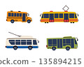 Public transport set with bus, trolleybus, tram and school bus in bright cute kids style. Flat cartoon vector illustration for education themes, traffic learning, children books, games, playful city 135894215