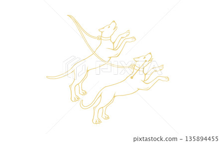 Line drawing of Canes Venatici (gold colored drawing of a hound and constellation lines, lines only) Line drawing of Canes Venatici (gold colored drawing of a hound and constellation lines, lines only) 135894455