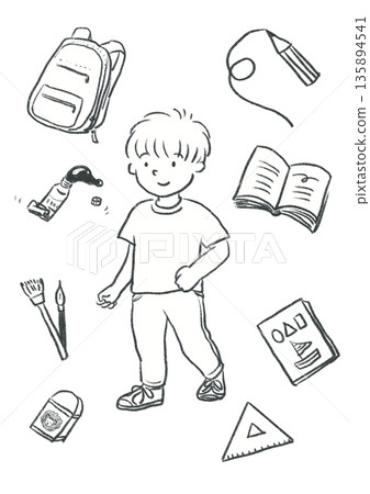 School supplies set on pastel background Hand drawn line illustration School supplies set on pastel background Hand drawn line illustration 135894541