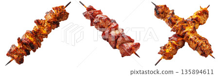 Anticuchos grilled beef meat skewer isolated on white transparent background, concept of South American barbecue cuisine 135894611