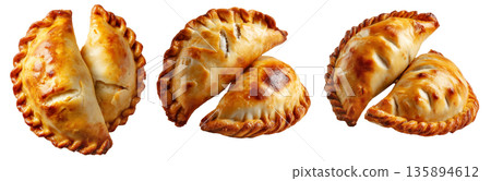 Argentina and Uruguay empanadas stacked in a pyramid, golden baked crust, meat and potato filling, isolated on white background 135894612
