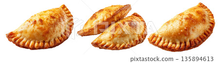 Argentina and Uruguay empanadas stacked in a pyramid, golden baked crust, meat and potato filling, isolated on white background Argentina and Uruguay empanadas stacked in a pyramid, golden baked crust, meat and potato filling, isolated on white background 135894613