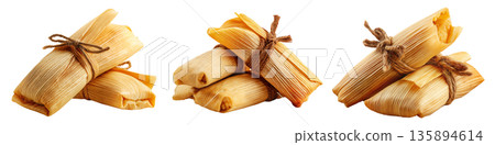 Venezuelan tamales wrapped in corn husk, tied with rustic rope, isolated on white background, representing South American cuisine Venezuelan tamales wrapped in corn husk, tied with rustic rope, isolated on white background, representing South American cuisine 135894614