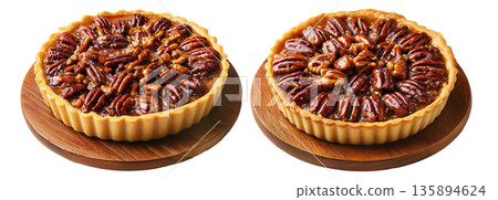 Sweet glazed pecan tart pie with golden crust and caramelized nut topping, isolated on white background, concept of dessert Sweet glazed pecan tart pie with golden crust and caramelized nut topping, isolated on white background, concept of dessert 135894624