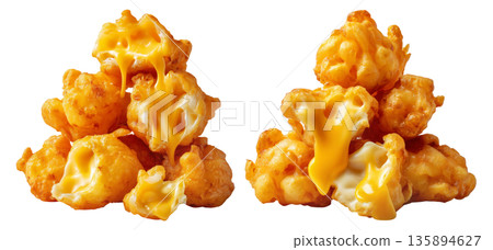 Golden crispy deep-fried cheese balls curds with melted cheese filling, isolated on white background, United States dishes Golden crispy deep-fried cheese balls curds with melted cheese filling, isolated on white background, United States dishes 135894627