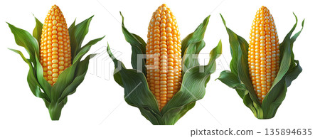 Corn cob with green leaves, isolated on white transparent background, concept of agriculture and healthy food 135894635