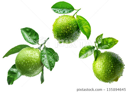 Juicy green limes with vibrant leaves covered in water droplets, isolated on white background, concept of freshness and citrus 135894645