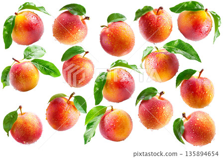 Juicy red-yellow plums and nectarines with dew drops and green leaves, isolated on white background, freshness and summer fruit Juicy red-yellow plums and nectarines with dew drops and green leaves, isolated on white background, freshness and summer fruit 135894654