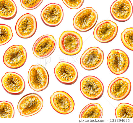 Multiple fresh passion fruit halves showing juicy pulp and seeds, isolated on white background, concept of tropical fruit freshnes 135894655