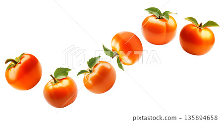 Multiple ripe orange persimmons with green leaves isolated on white background, concept of organic healthy food Multiple ripe orange persimmons with green leaves isolated on white background, concept of organic healthy food 135894658
